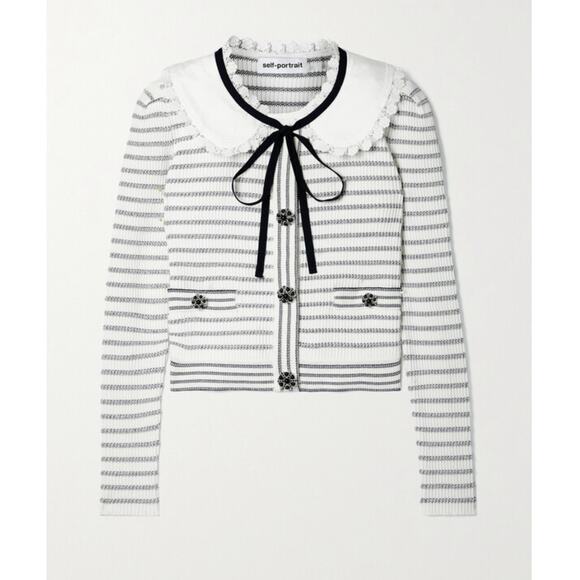 Self Portrait Embellished Striped Metallic Lurex Ribbed Cardigan size L large - Picture 1 of 6